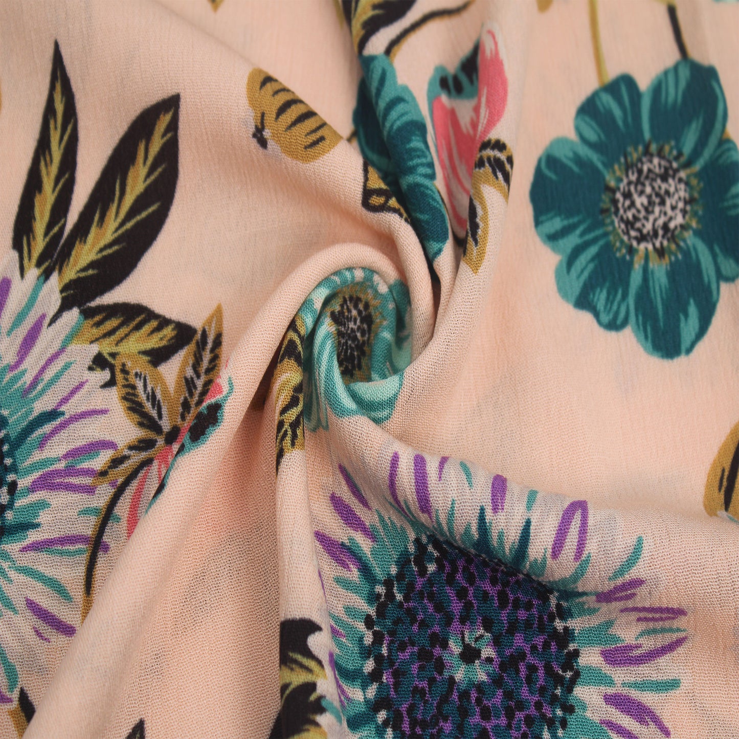 P-1790-636-BISQUE-TURQUOISE PRINTED CREPON 100% RAYON CREPON