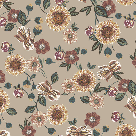 P-1790-702-TAUPE-GINGER - PRINTED SCUBA CREPE 97% POLY 3% SPANDEX