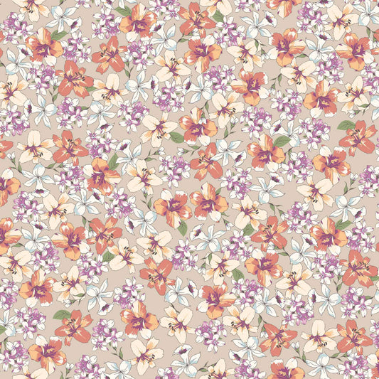 P-1868-698-BISQUE-CORAL- PRINTED RAYON CHALLIS 100% RAYON CHALLIS