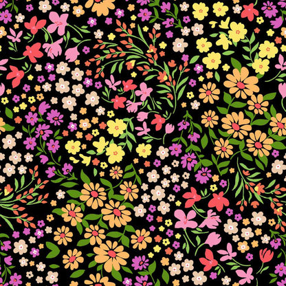 P-1913-703-BLACK-MARIGOLD - PRINTED TWIST CREPE 92% POLY 8% SPANDEX