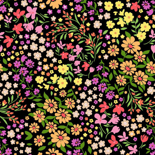 P-1913-703-BLACK-MARIGOLD - PRINTED TWIST CREPE 92% POLY 8% SPANDEX