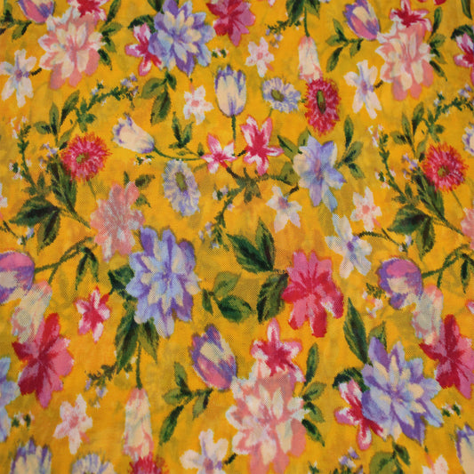 P-1940-453-GOLDEN-YELLOW-LAVENDER - PRINTED POLY POWER MESH 92%POLY 8%SPANDEX