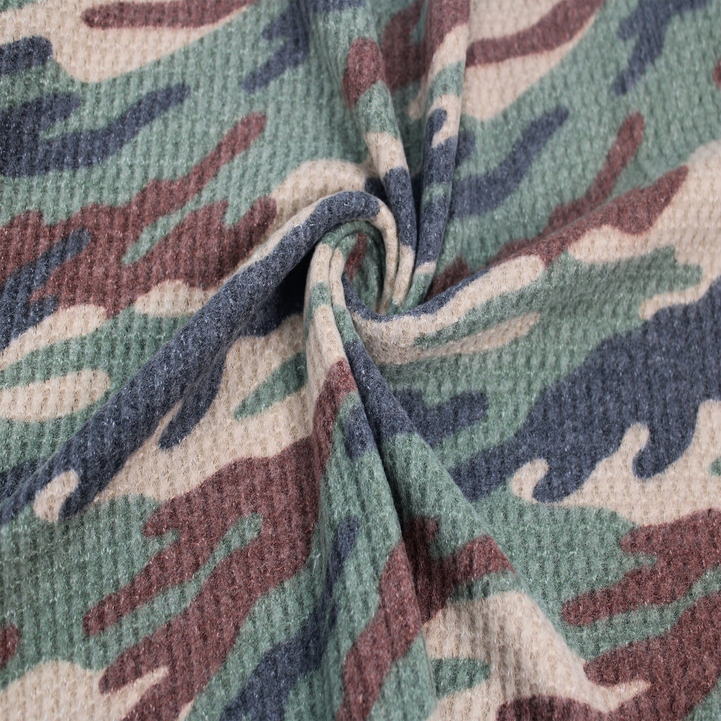 P-197-779-ARMY-GREEN-BROWN - PRINTED WAFFLE BRUSHED 78% POLY 18% RAYON4% SPANDEX