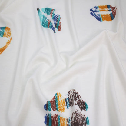 P-2073-506-OFF-WHITE-TURQUOISE - PRINTED FRENCH TERRY 63%POLY  33%RAYON  4% SPANDEX