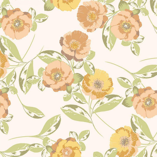 P-2130-636-IVORY-CANTALOUPE PRINTED CREPON 100% RAYON CREPON