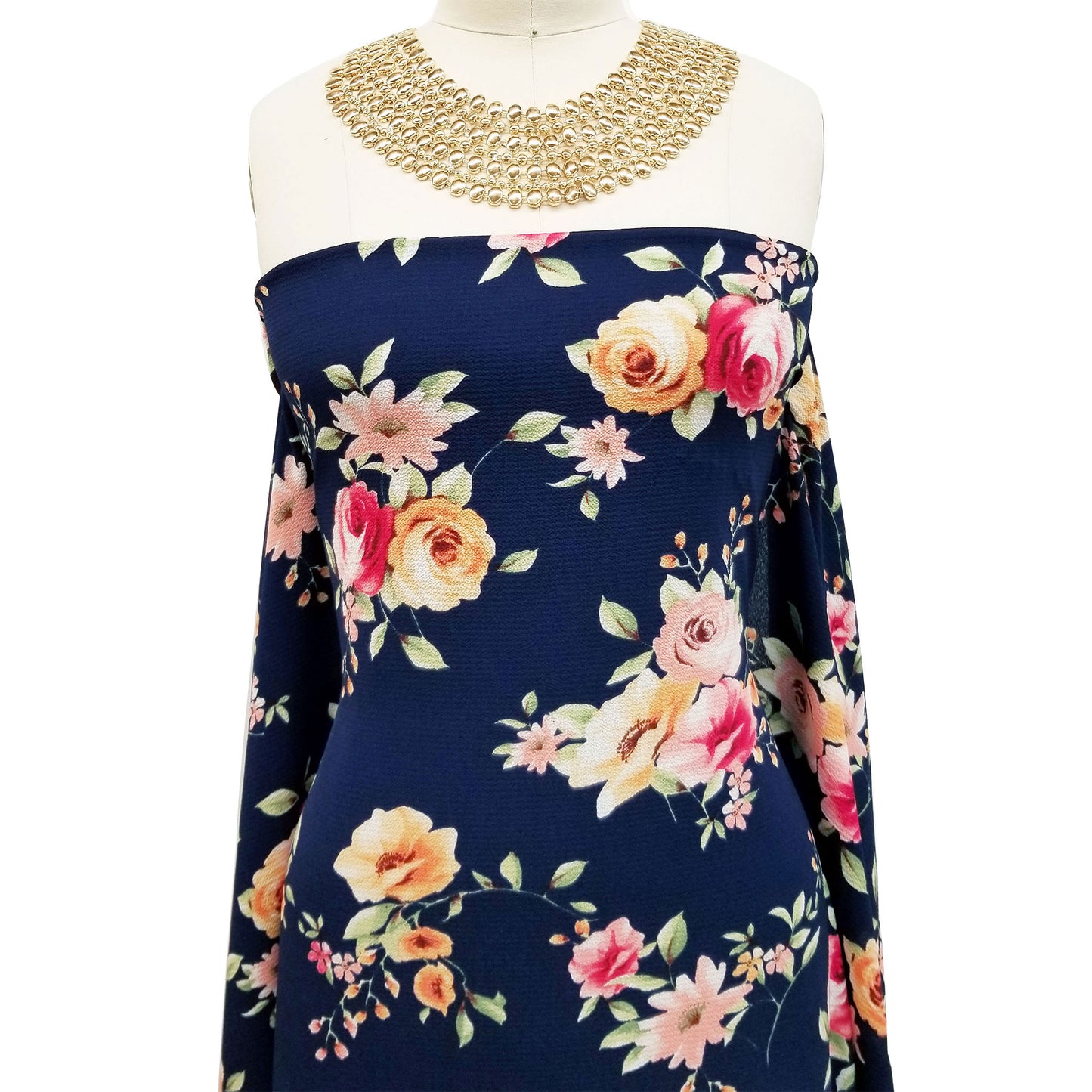 P-231-586-NAVY-CORAL - PRINTED CREPE CHIFFON 97% POLY 3% SPANDEX