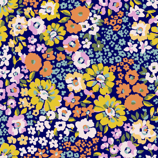 P-2401-754-NAVY-ORANGE-YELLOW - PRINTED POLY MOROCCAN 100% POLY