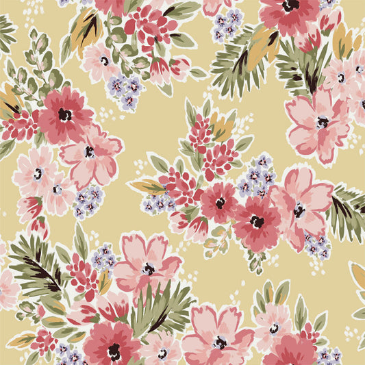 P-2402-636-BANANA-CORAL PRINTED CREPON 100% RAYON CREPON