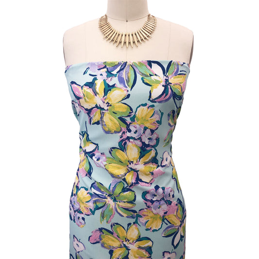 P-2774-754-BLUE-GLOW-MIMOSA - PRINTED POLY MOROCCAN 100% POLY