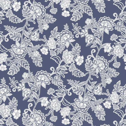 P-2925-636-ANTIQUE-BLUE-OFF-WHITE PRINTED CREPON 100% RAYON CREPON
