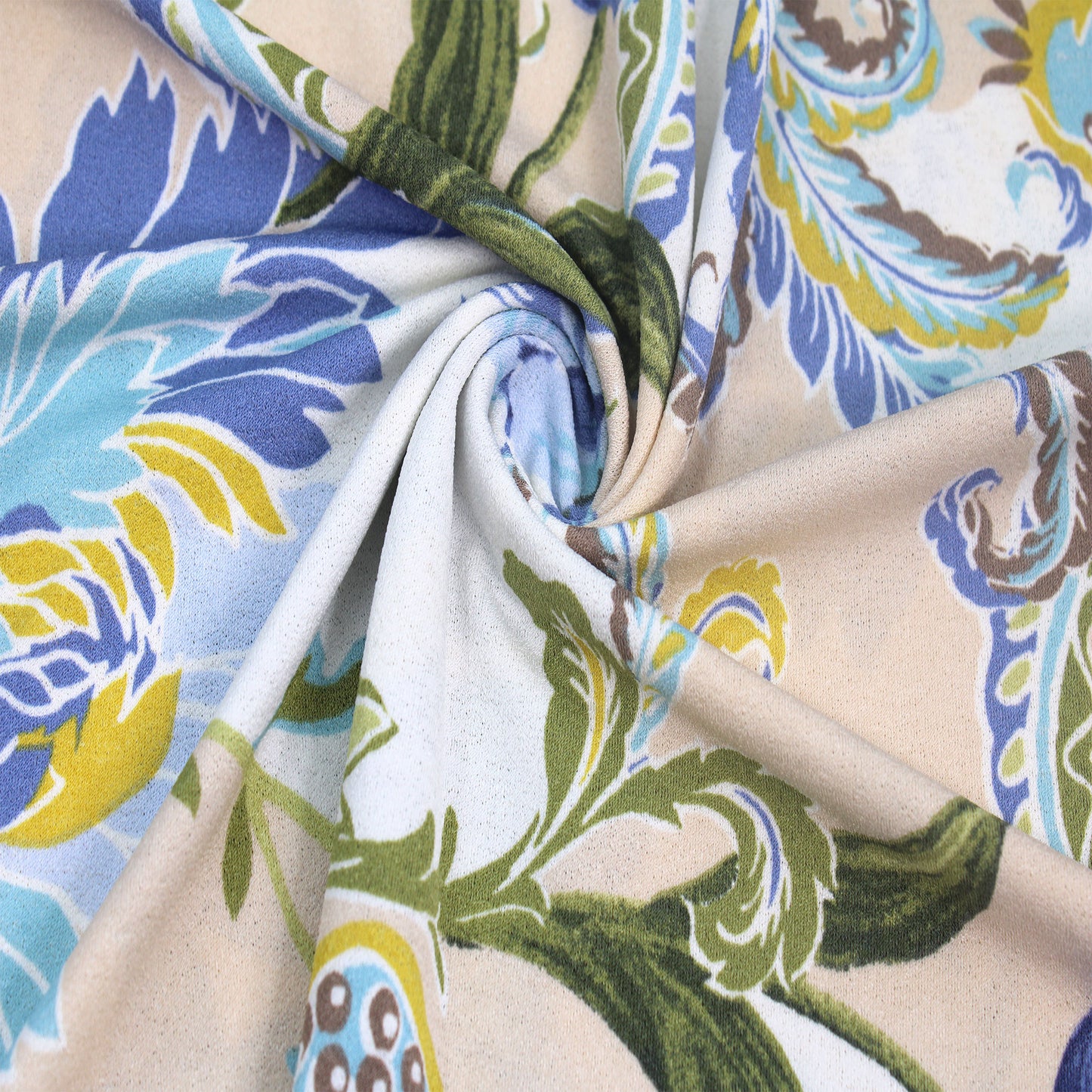 P-294-703-TAN-BLUE - PRINTED TWIST CREPE 92% POLY 8% SPANDEX