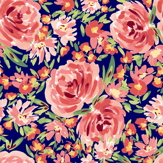 P-3027-800-NAVY-CORAL - PRINTED VENEZIA 92% POLY 8% SPANDEX