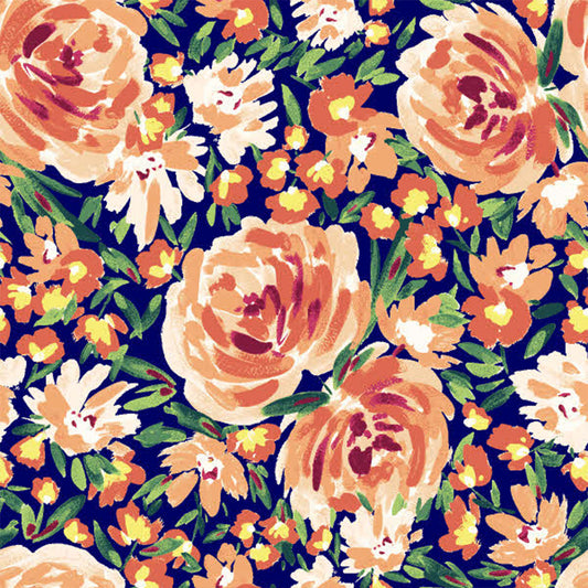 P-3056-754-NAVY-TANGERINE - PRINTED POLY MOROCCAN 100% POLY