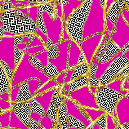 P-3063-453-FUCHSIA-GOLD - PRINTED POLY POWER MESH 92%POLY 8%SPANDEX
