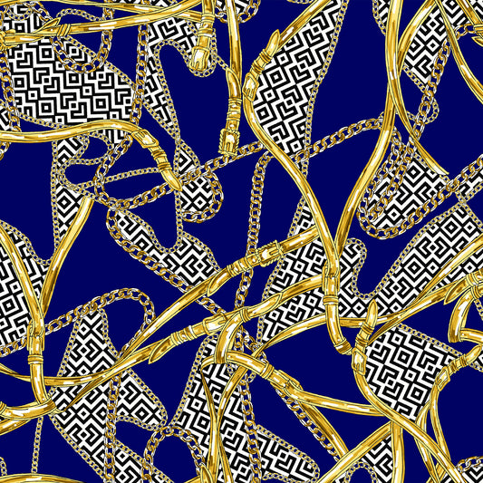P-3063-453-NAVY-GOLD - PRINTED POLY POWER MESH 92%POLY 8%SPANDEX