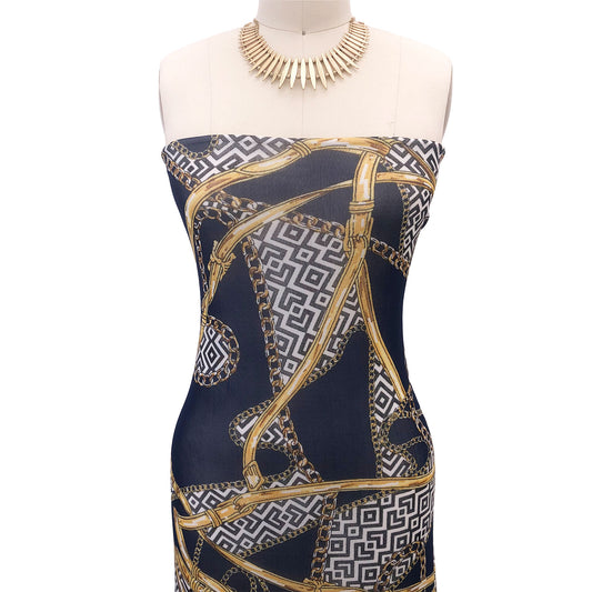 P-3063-453-NAVY-GOLD - PRINTED POLY POWER MESH 92%POLY 8%SPANDEX