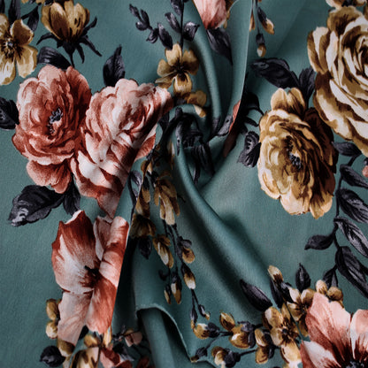P-3081-456-MINERAL-GREEN-CINNAMON - PRINTED STRETCH SATIN 100% POLY