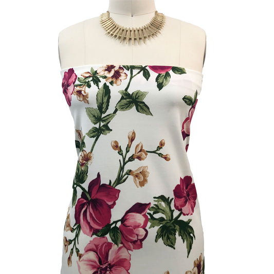 P-3151-702-OFF-WHITE-RASPBERRY - PRINTED SCUBA CREPE 97% POLY 3% SPANDEX