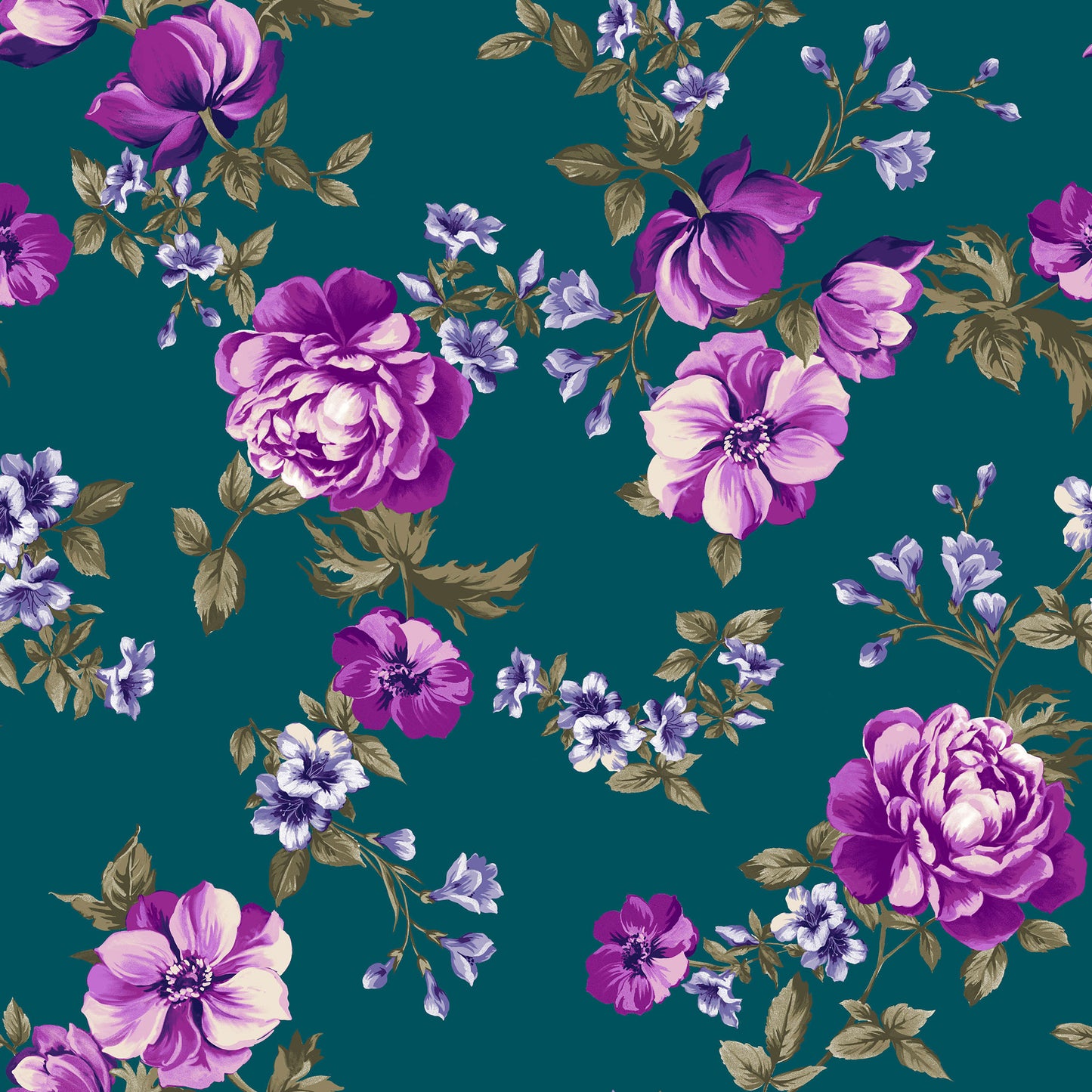 P-3151-702-TEAL-DEEP-ORCHID - PRINTED SCUBA CREPE 97% POLY 3% SPANDEX