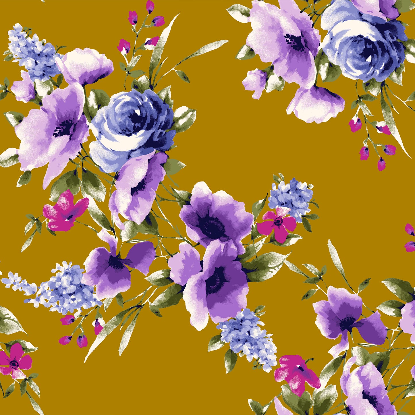 P-3276-702-MUSTARD-PURPLE - PRINTED SCUBA CREPE 97% POLY 3% SPANDEX