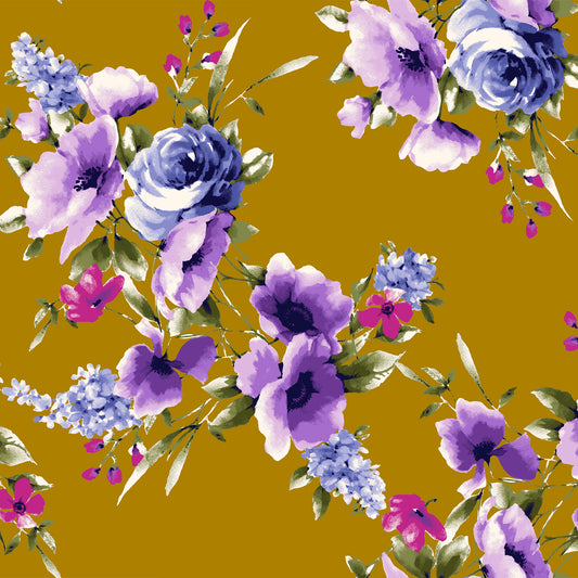 P-3276-702-MUSTARD-PURPLE - PRINTED SCUBA CREPE 97% POLY 3% SPANDEX