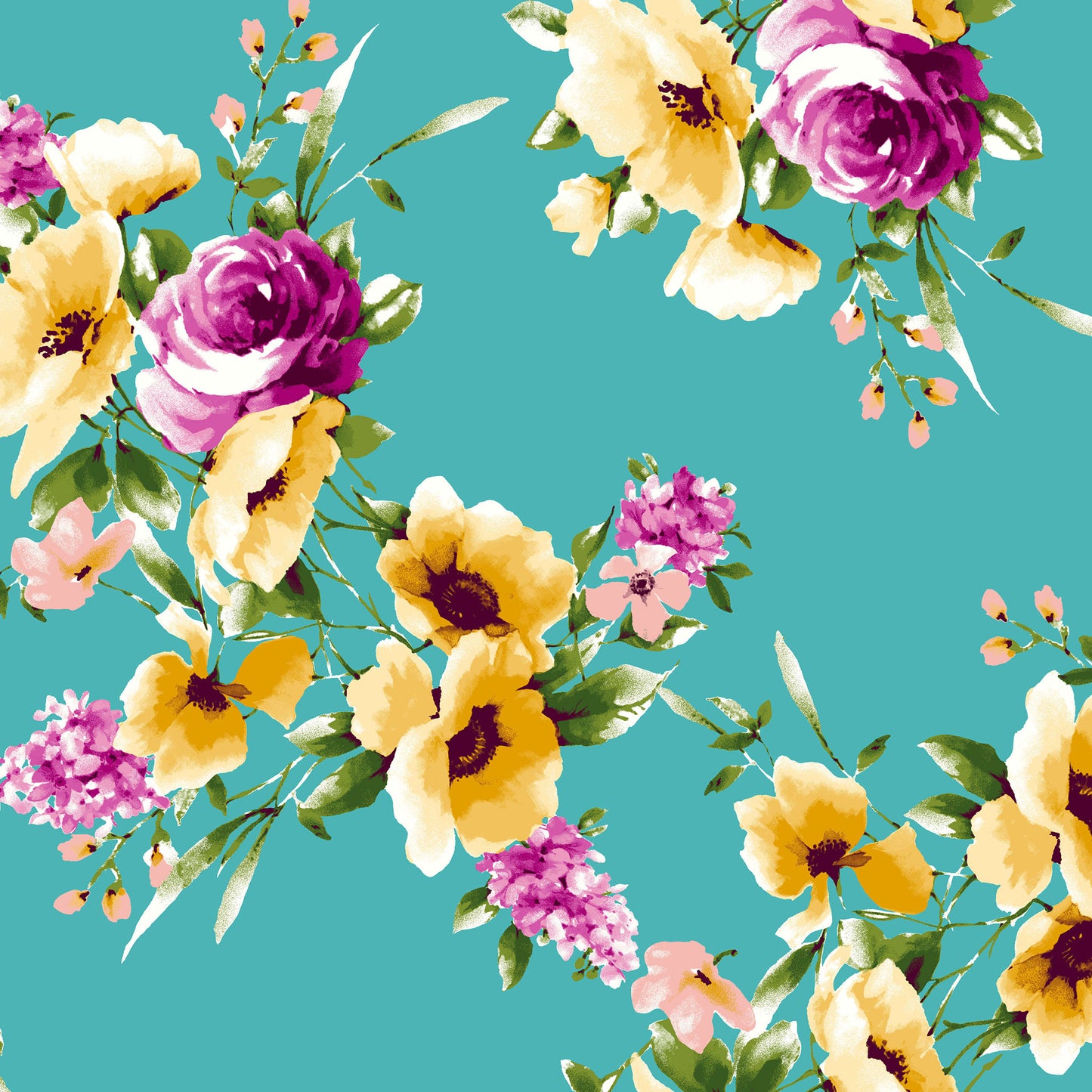 P-3276-702-TURQUOISE-YELLOW - PRINTED SCUBA CREPE 97% POLY 3% SPANDEX