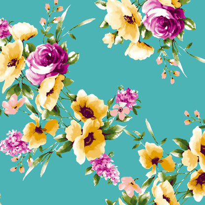 P-3276-702-TURQUOISE-YELLOW - PRINTED SCUBA CREPE 97% POLY 3% SPANDEX