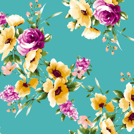 P-3276-702-TURQUOISE-YELLOW - PRINTED SCUBA CREPE 97% POLY 3% SPANDEX