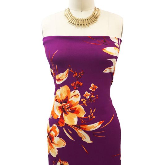 P-3319-702-DEEP-ORCHID-ORANGE-MANGO - PRINTED SCUBA CREPE 97% POLY 3% SPANDEX