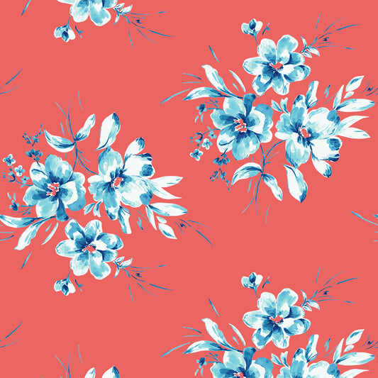 P-3319-702-SUNKIST-CORAL-OCEAN-BLUE -  PRINTED SCUBA CREPE 97% POLY 3% SPANDEX