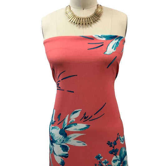 P-3319-702-SUNKIST-CORAL-OCEAN-BLUE -  PRINTED SCUBA CREPE 97% POLY 3% SPANDEX