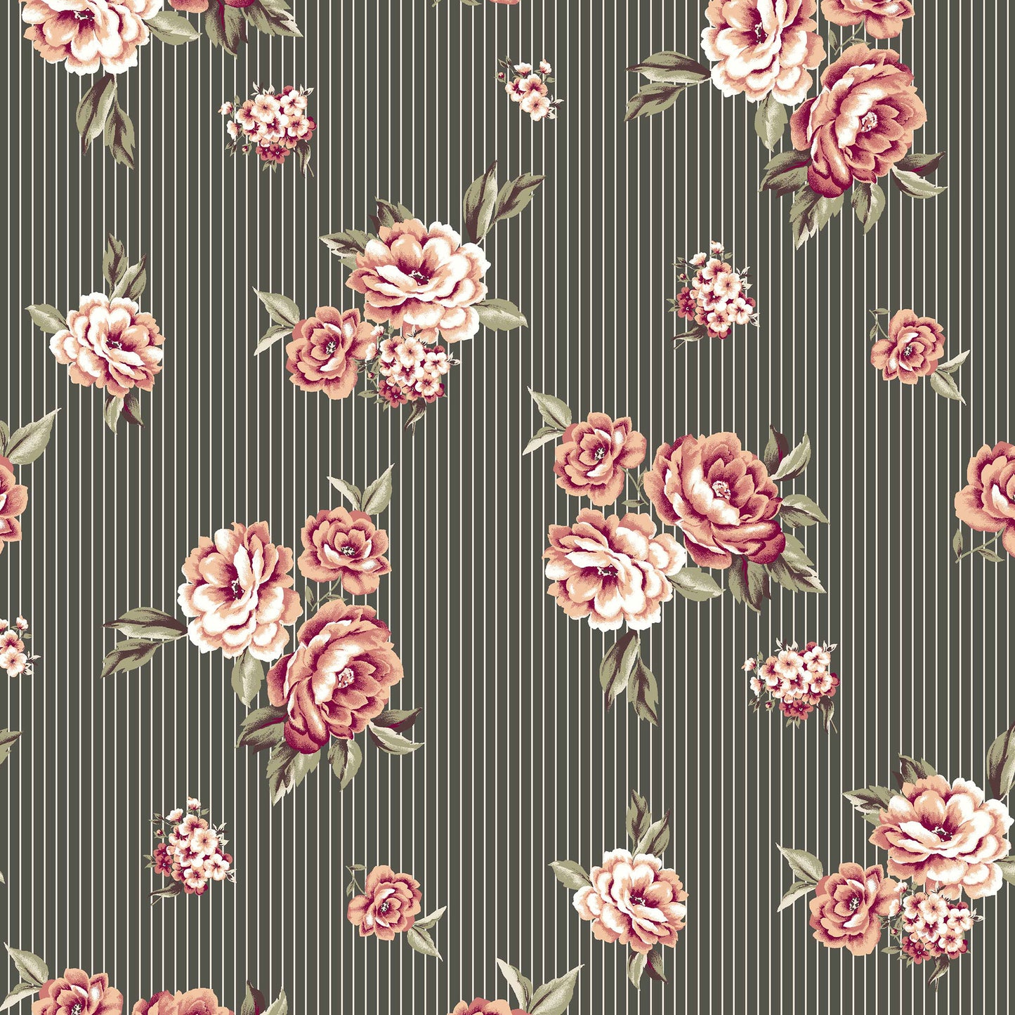 P-339-586-ARMY-GREEN-CORAL - PRINTED CREPE CHIFFON 97% POLY 3% SPANDEX