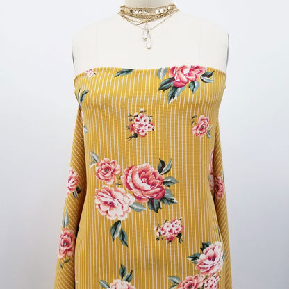 P-339-586-MUSTARD-CORAL - PRINTED CREPE CHIFFON 97% POLY 3% SPANDEX