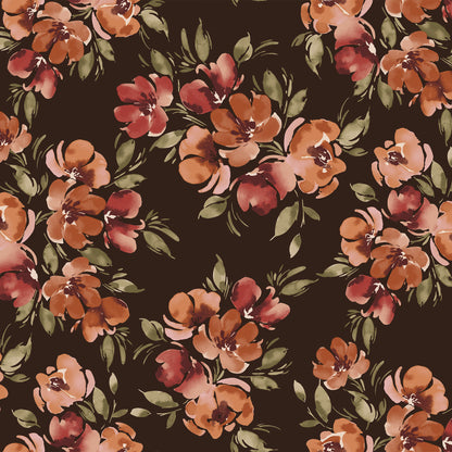 P-3438-702-OLIVE-BURNT-ORANGE - PRINTED SCUBA CREPE 97% POLY 3% SPANDEX