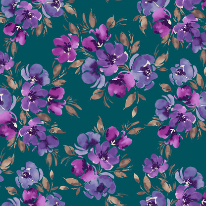 P-3438-702-TEAL-PURPLE-ORCHID - PRINTED SCUBA CREPE 97% POLY 3% SPANDEX