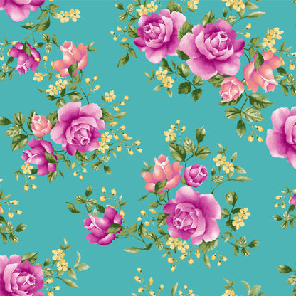 P-3478-702-TURQUOISE-FUCHSIA - PRINTED SCUBA CREPE 97% POLY 3% SPANDEX