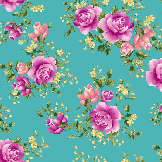 P-3478-702-TURQUOISE-FUCHSIA - PRINTED SCUBA CREPE 97% POLY 3% SPANDEX