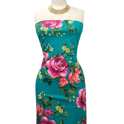 P-3478-702-TURQUOISE-FUCHSIA - PRINTED SCUBA CREPE 97% POLY 3% SPANDEX