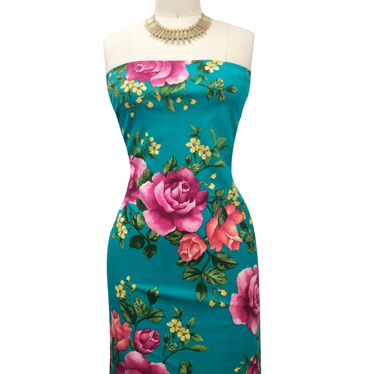 P-3478-702-TURQUOISE-FUCHSIA - PRINTED SCUBA CREPE 97% POLY 3% SPANDEX