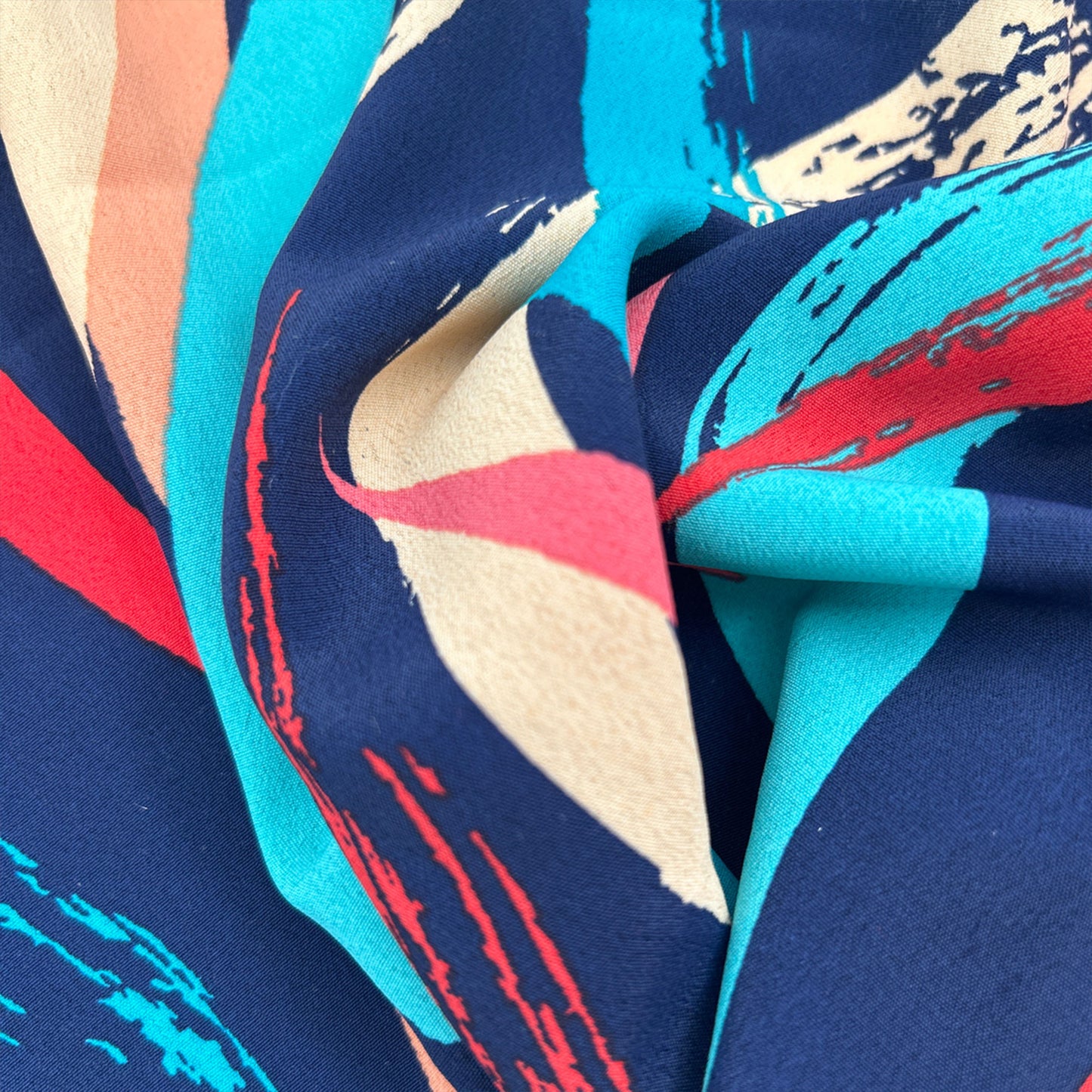 P-3499-754-NAVY-TEAL-CORAL - PRINTED POLY MOROCCAN 100% POLY