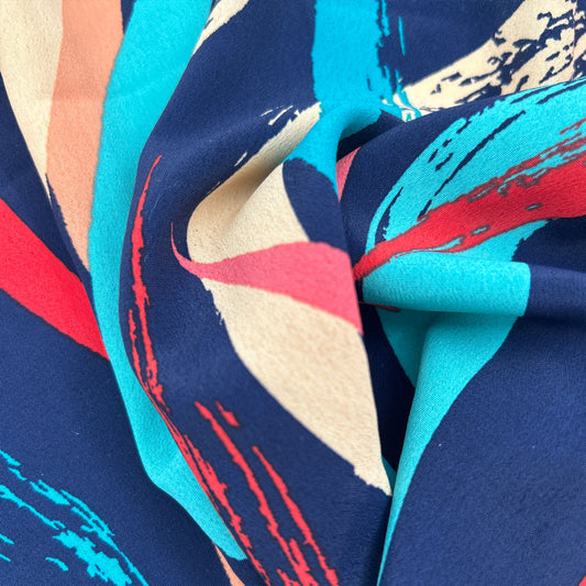 P-3499-754-NAVY-TEAL-CORAL - PRINTED POLY MOROCCAN 100% POLY