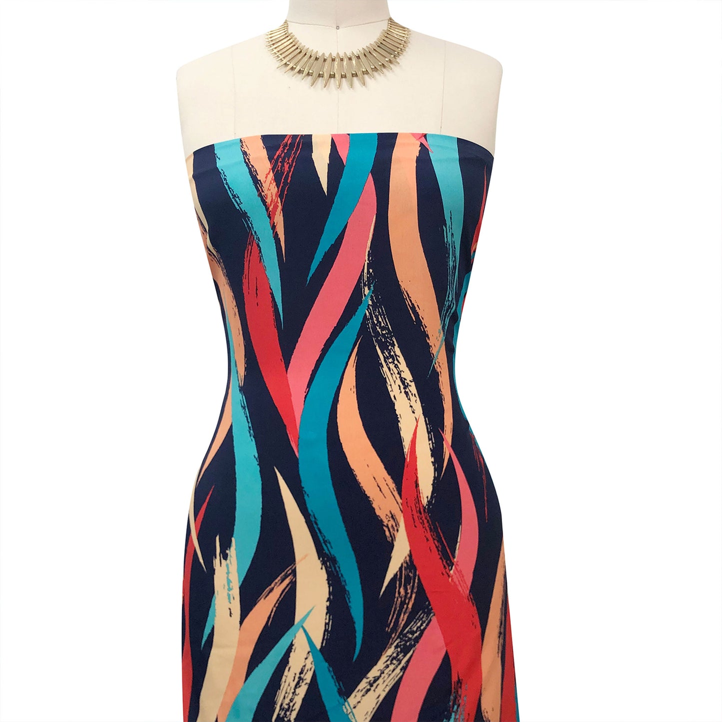 P-3499-754-NAVY-TEAL-CORAL - PRINTED POLY MOROCCAN 100% POLY