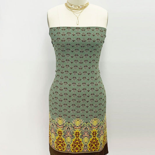 P-390-586-ARMY-GREEN-MUSTARD - DOUBLE BORDER. CREPE CHIFFON 97% POLY 3% SPANDEX