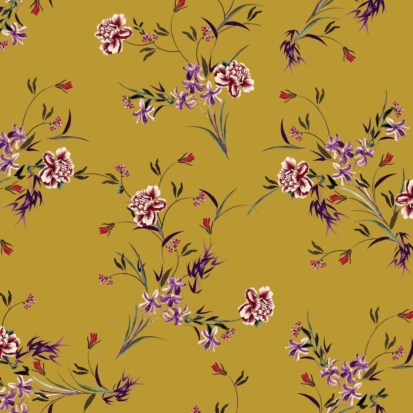 P-421-586-MUSTARD-CRIMSON - PRINTED CREPE CHIFFON 97% POLY 3% SPANDEX