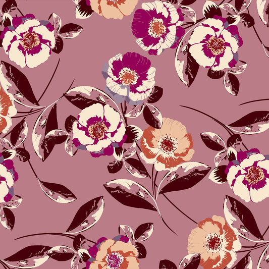 P-426-586-PINK-CARNATION-MANGO - PRINTED CREPE CHIFFON 97% POLY 3% SPANDEX