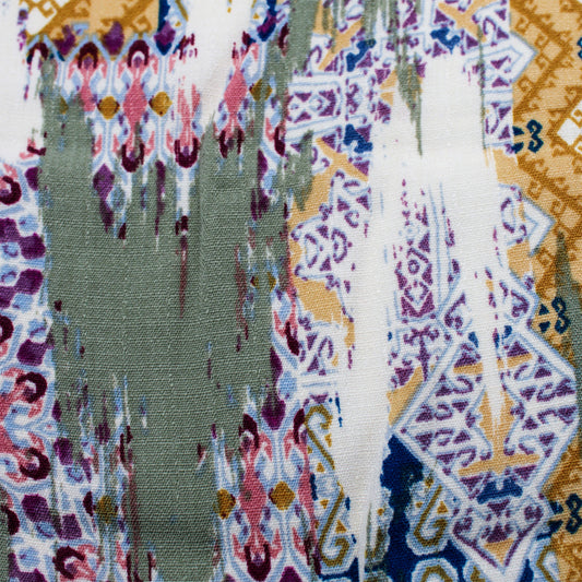 P-477-688-SAGE-GOLD-DENIM - PRINTED LINEN LOOK 100% POLYESTER