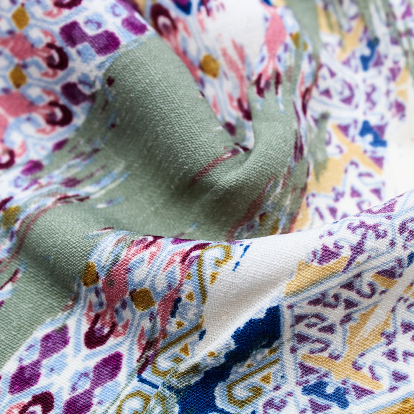 P-477-688-SAGE-GOLD-DENIM - PRINTED LINEN LOOK 100% POLYESTER