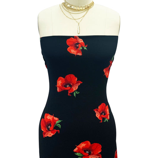 P-485-586-BLACK-RED - PRINTED CREPE CHIFFON 97% POLY 3% SPANDEX