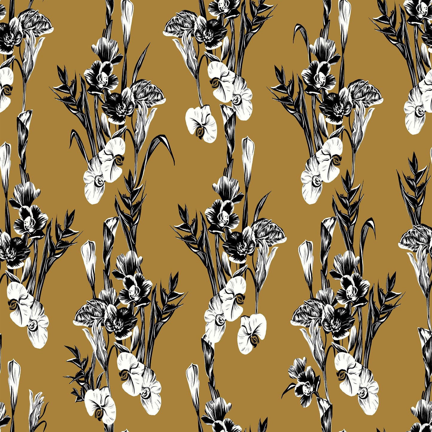 P-505-586-MUSTARD-GREY - PRINTED CREPE CHIFFON 97% POLY 3% SPANDEX