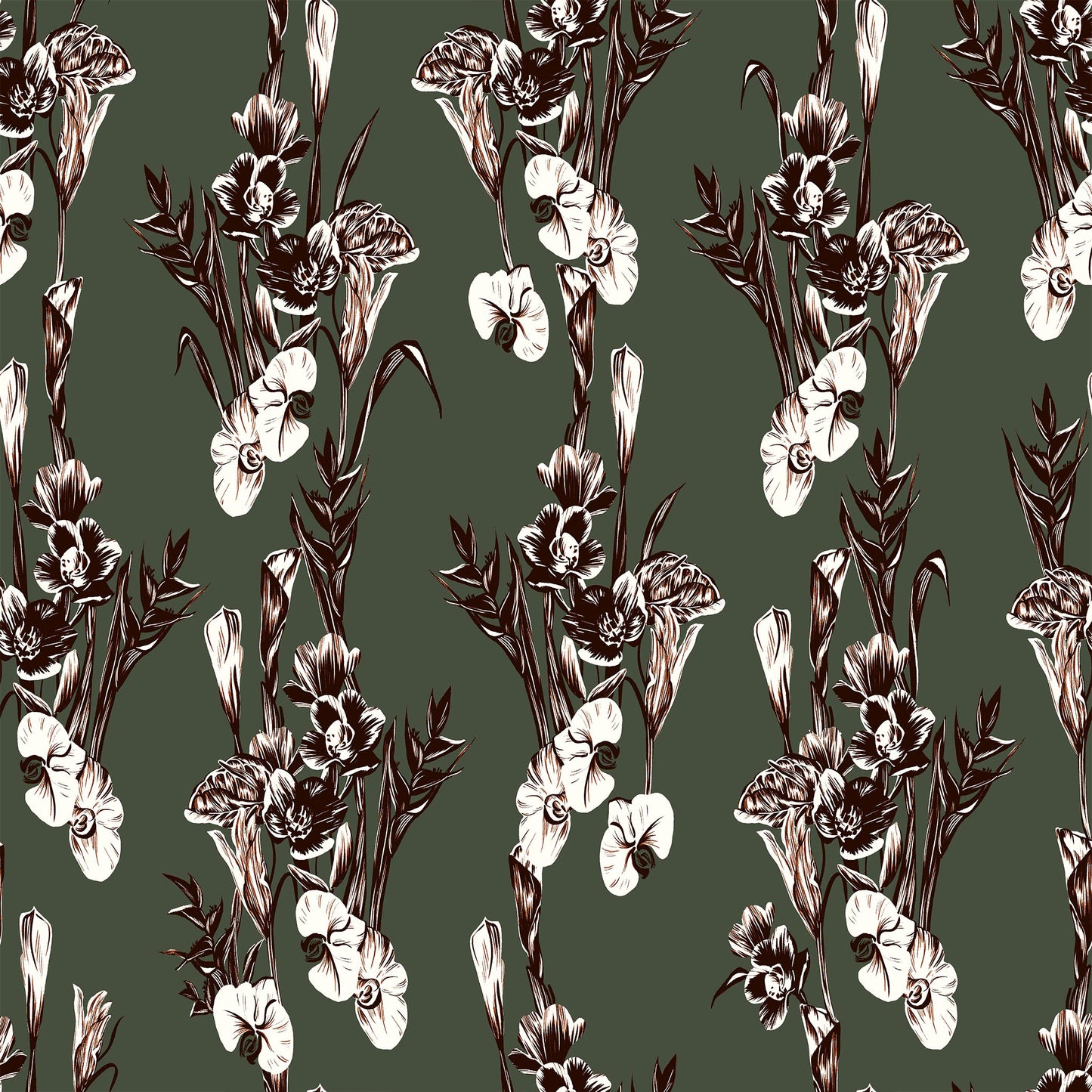 P-505-586-OLIVE-RUST - PRINTED CREPE CHIFFON 97% POLY 3% SPANDEX